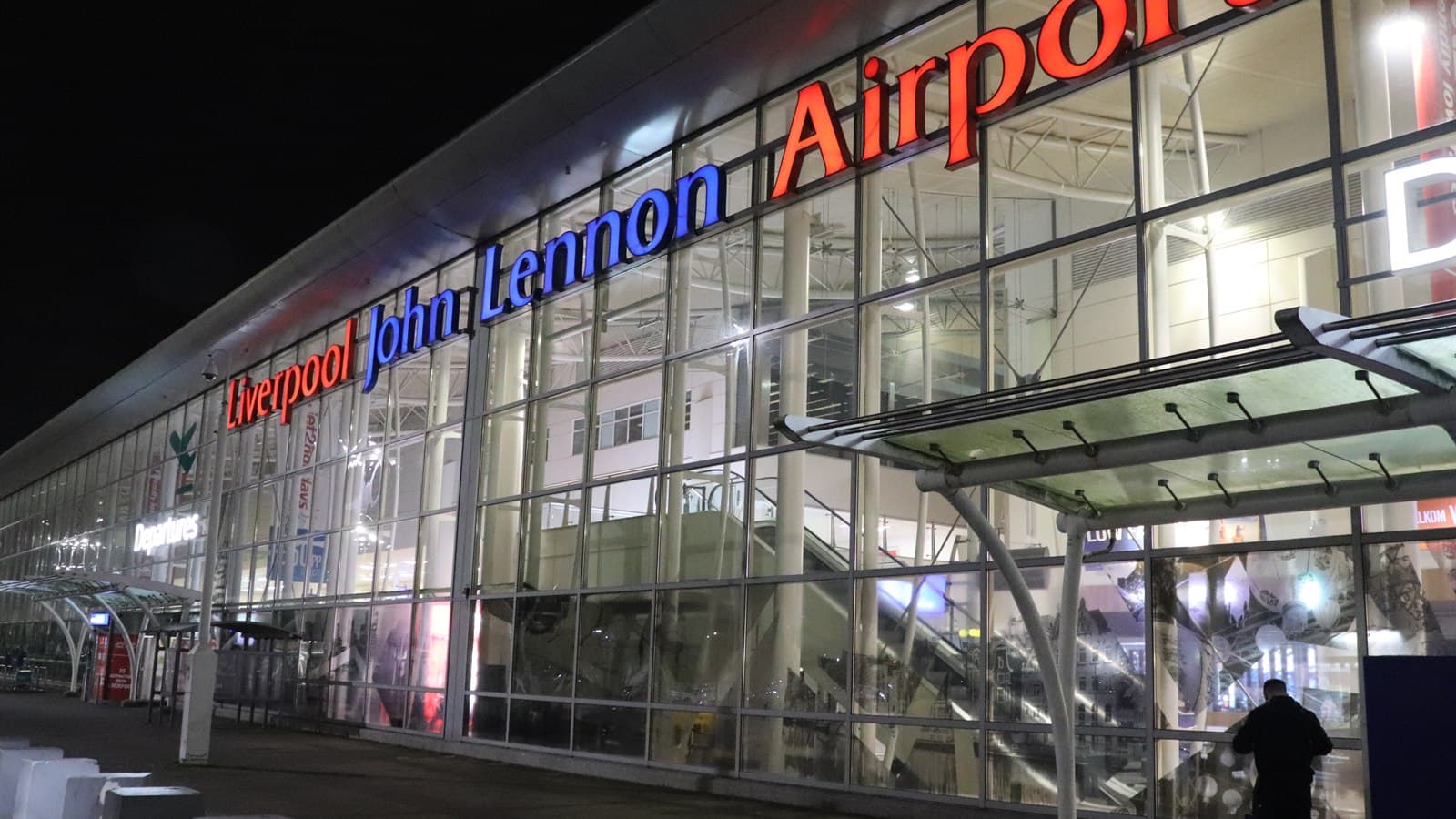 Liverpool John Lennon Airport terminal at night