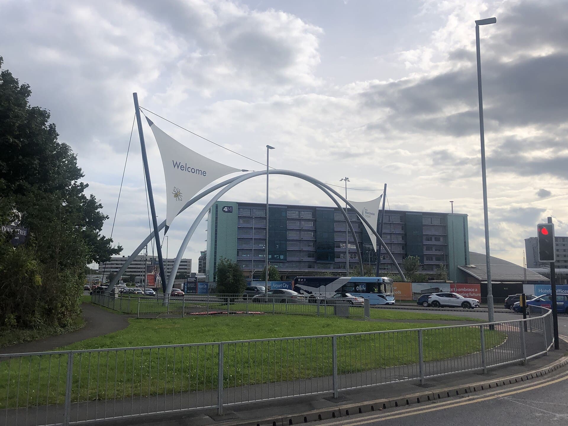 Welcome arch at the entrance to Manchester Airport